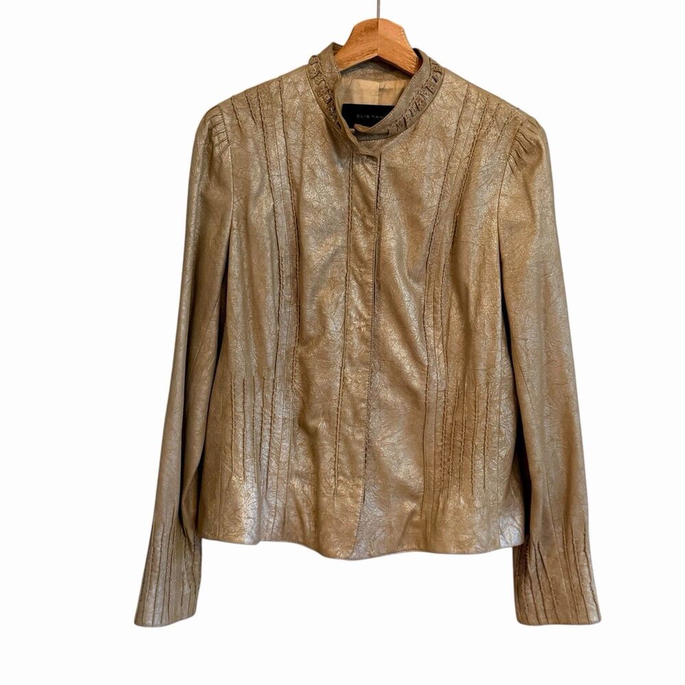 Elie Tahari Y2K Gold Metallic Leather Jacket Size M Glam Maximalist Statement